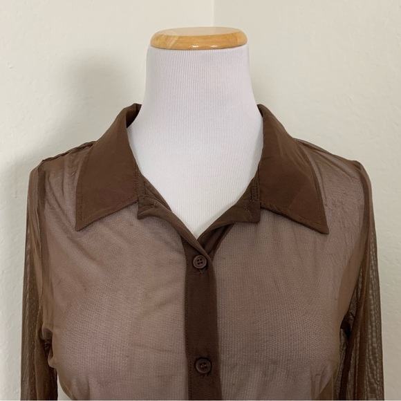 Le Lis Long sleeve semi sheer mesh collared button up chocolate brown top blouse - Picture 12 of 14